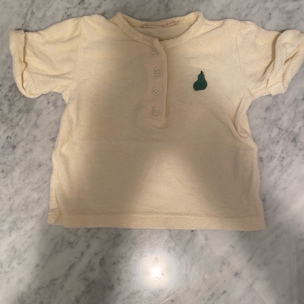 Fin & Vince Cream Terry Button Down Kids Shirt with Green Pear